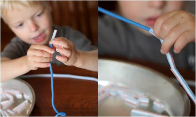 Threading straws onto shoestring necklace