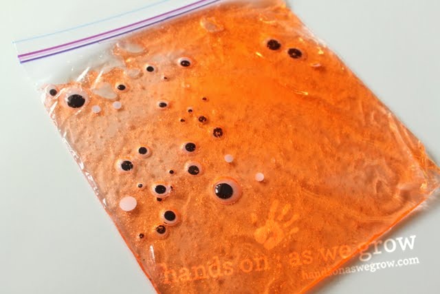 sensory bag with googly eyes for Halloween