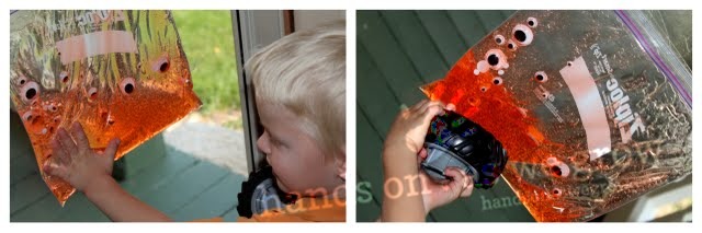 preschooler sensory bag for Halloween with googly eyes