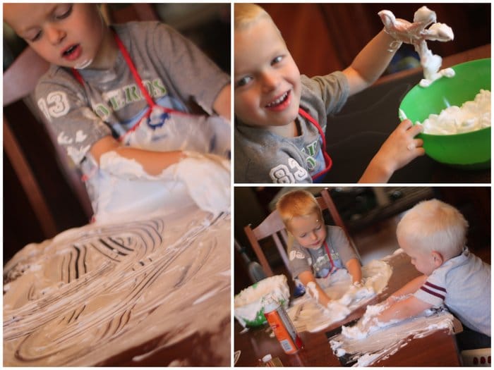Puffy paint mixture of shaving cream and glue to make adorable Halloween ghost craft for toddlers and preschoolers. Go ahead and get messy!