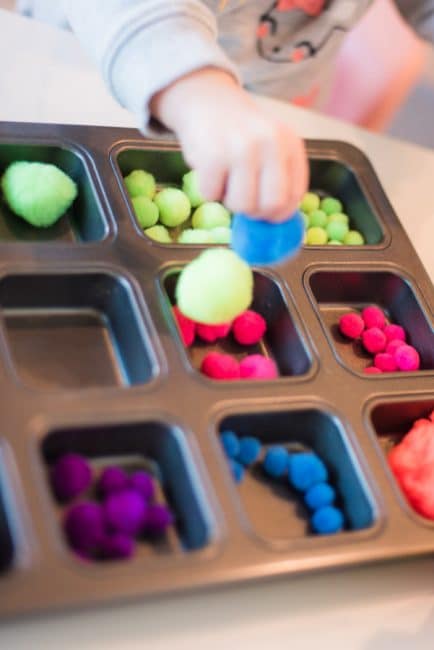 This simple toddler fine motor skills activity only needs pom poms and a muffin tin to sort them.