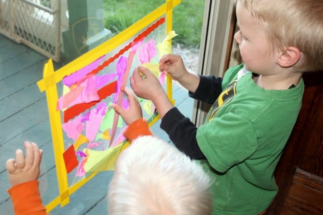 Make a pretty tissue paper cross collage with sticky contact paper! Your kids will love this creative craft.