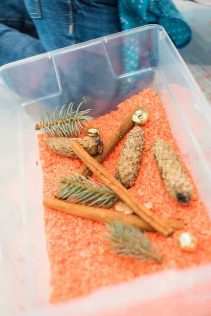 Explore all things fall with a DIY pumpkin scented rice sensory bin!
