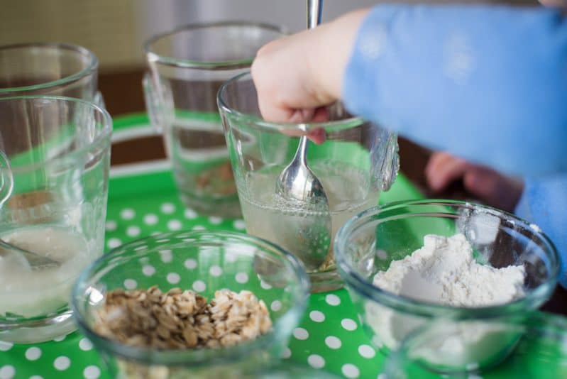 Stir pantry goods into water to discover what might dissolve!