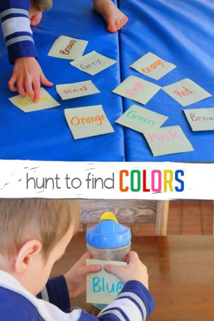 Learning colors and color words with a simple scavenger hunt to find those colors
