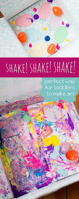 Add paper cutouts, hard plastic toys, and blobs of paint to a box - close up and shake!