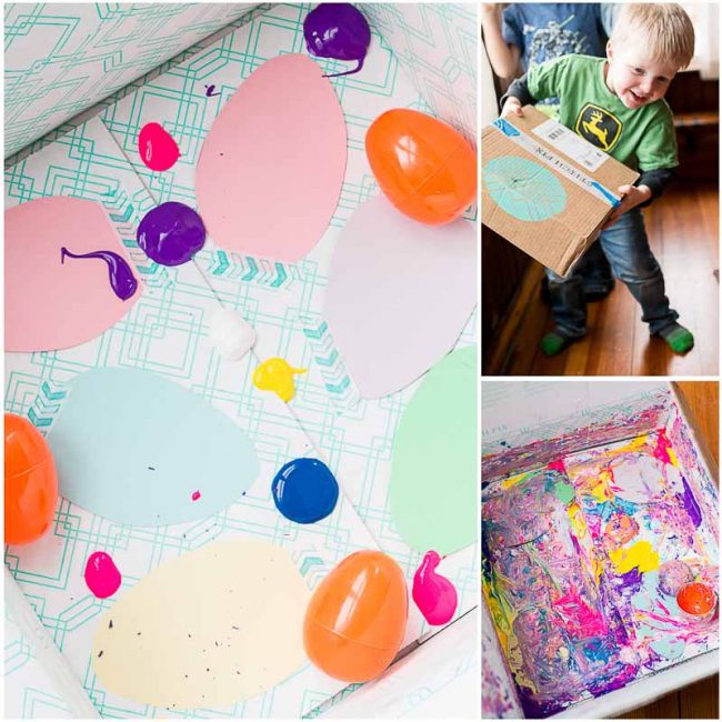 Add paper cutouts, hard plastic toys, and blobs of paint to a box - close up and shake!