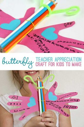 Easy teacher appreciation crafts are fun for kids to make and this butterfly colored pencil craft is so cute.