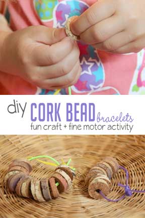 Make a cork beads bracelet to practice fine motor skills with a threading activity