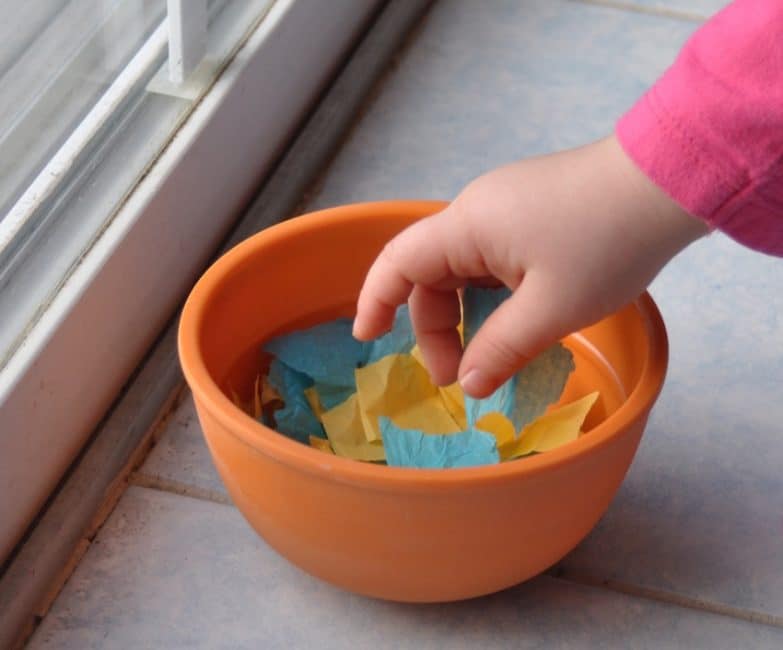 Use tissue paper scraps for this super simple color sorting activity!
