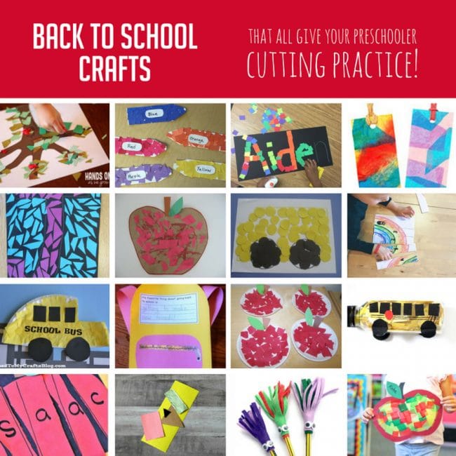 Celebrate this time of year with back to school crafts that all have cutting elements in it for your preschooler to practice scissor skills.