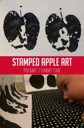 Make easy stamped apple art for a high contrast tummy time activity! Your baby will love these fun fall inspired high contrast patterns.