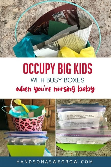 Busy boxes and activities to keep older kids busy while you are nursing a new baby or need a few minutes to get something done uninterrupted.