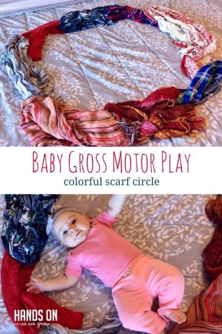 A colorful scarf circle is great for an easy baby gross play activity!