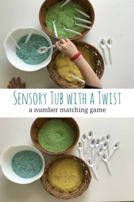 Practice number recognition and matching with a sensory tub with a twist