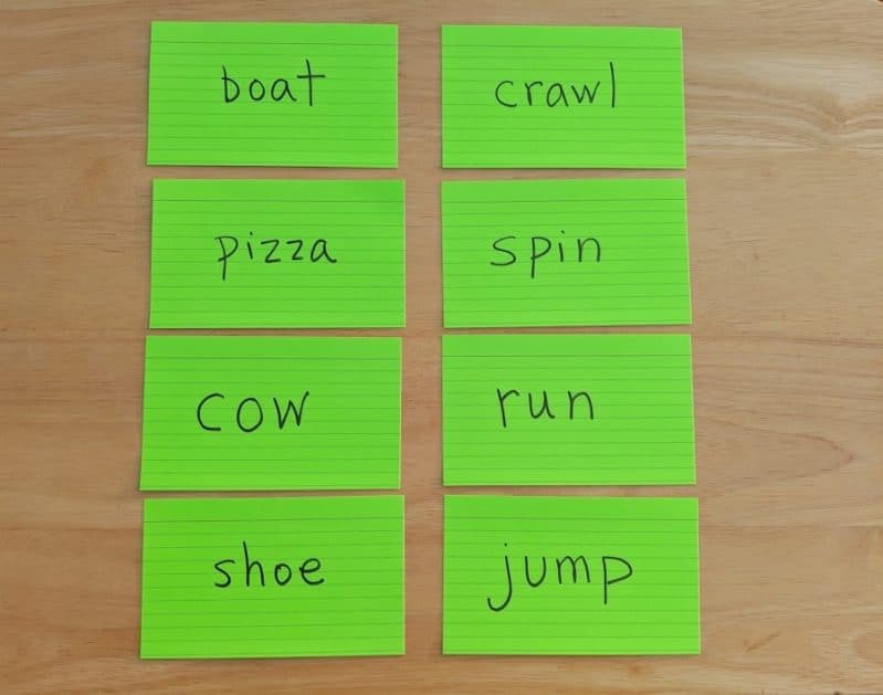Make your own super simple DIY noun or verb gross motor game to mix movement with learning!