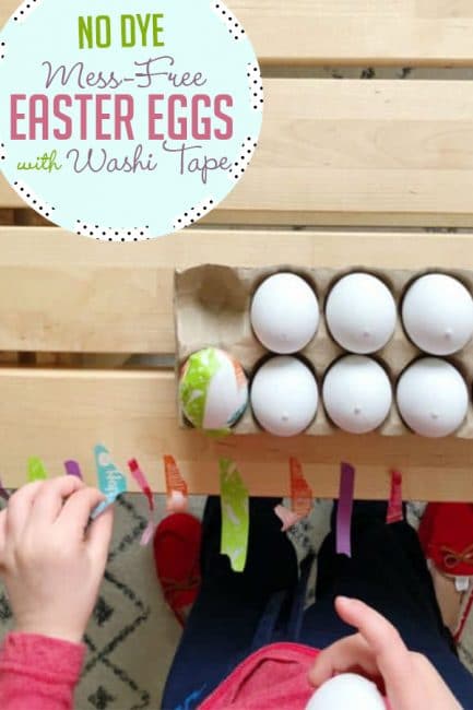 Make pretty no-dye Easter eggs using washi tape for a fun kid-friendly craft!