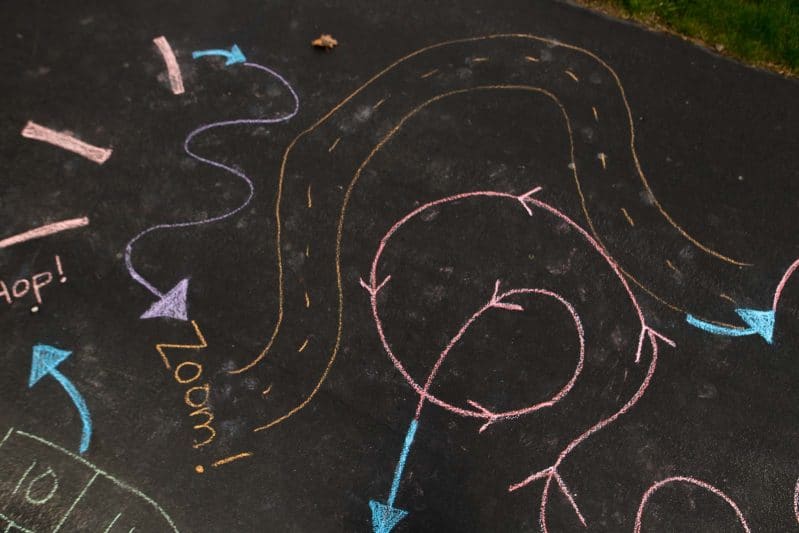Get creative with sidewalk chalk! Make a fun gross motor obstacle course with your kids!