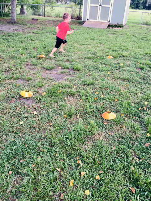 This fun gross motor ABC football drill is perfect for crisp fall days!
