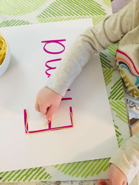 Try this hands on letter learning spaghetti letters activity. It's simple to set up and doubles as a fun sensory activity!