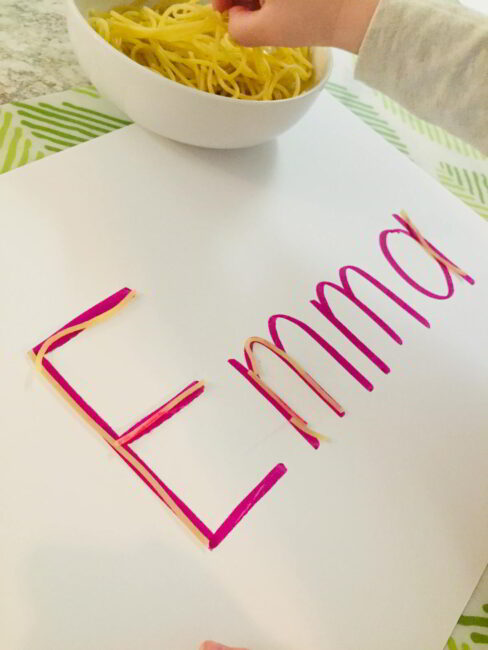 Try this hands on spaghetti activity to learn to write names. It's simple to set up and doubles as a fun sensory activity!