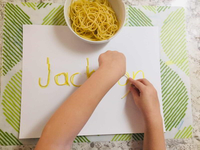 Try this hands on name learning activity with spaghetti activity. It's simple to set up and doubles as a fun sensory activity!