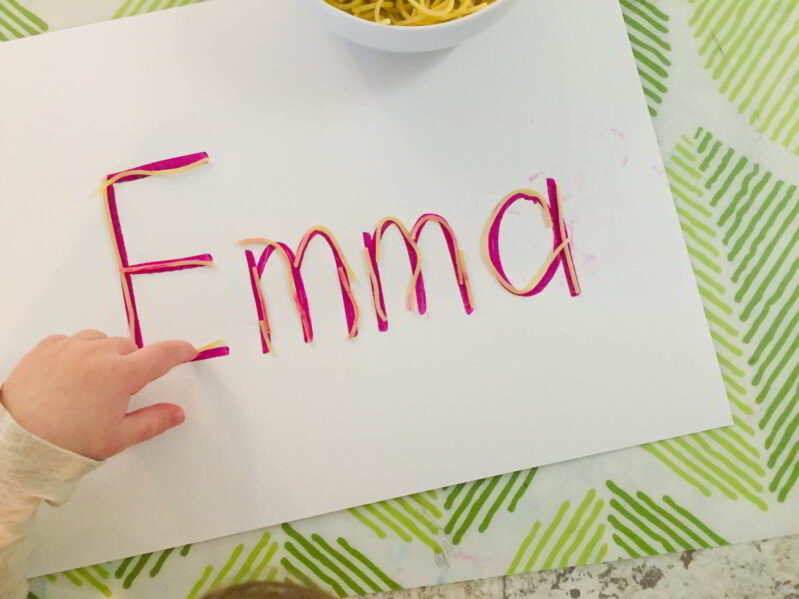 Learn to write your name with a simple spaghetti letter learning activity.