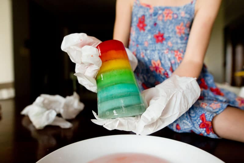 Wear gloves to handle your ice cold rainbow science experiment!