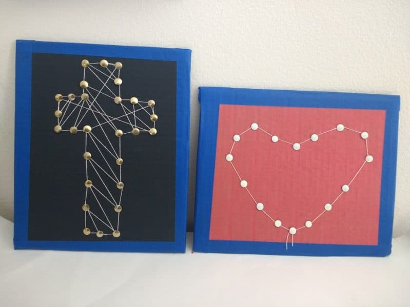 display the cardboard string art the kids made