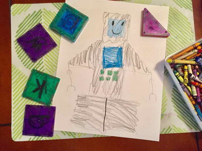 Try this easy mess-free robot tracing art project with magnatiles. Trace and draw your own original robot using your favorite magnet shape blocks! Have fun.