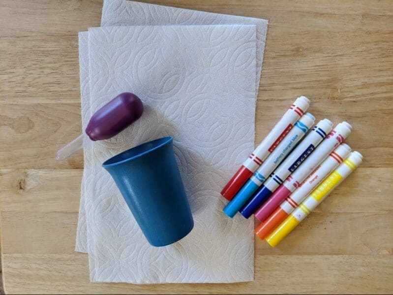 Supplies needed for no prep paper towel tie dye art activity with kids.