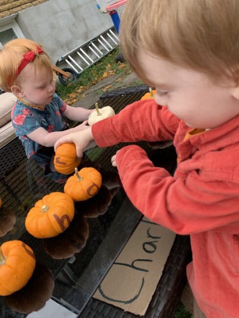 A super simple fall pumpkin scavenger hunt with a name sorting twist.