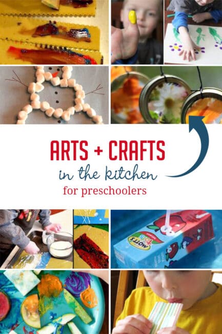 Arts and crafts for preschoolers to enjoy in the kitchen using supplies from your cupboards and pantry!