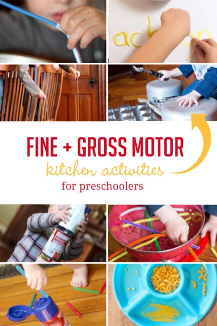 Fine and gross motor activities for preschoolers to enjoy in the kitchen using supplies from your cupboards and pantry!