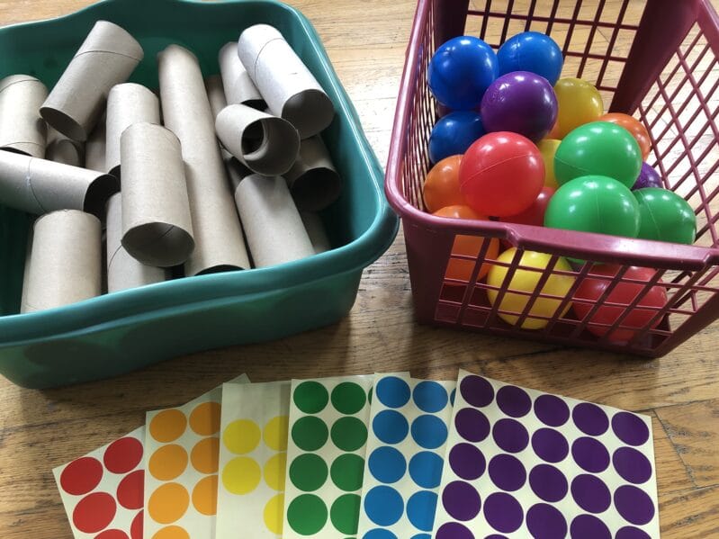 Supplies needed to make a color ball matching game at home.