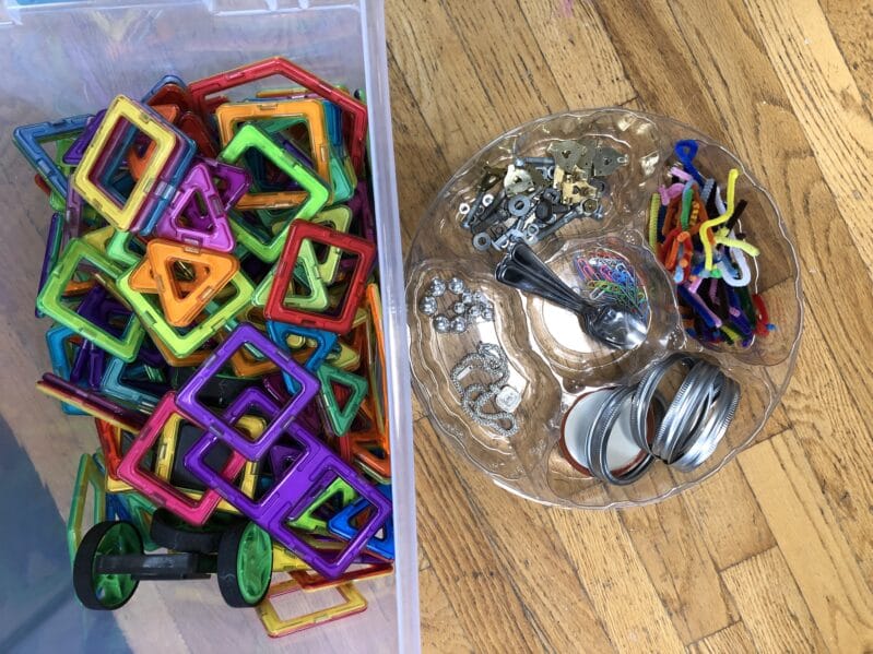 Supplies needed to create magnetic tiles robots with your kids.