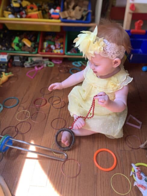 Super simple DIY ring stacking toy activities for baby using items you have at home. Easy fine motor activity