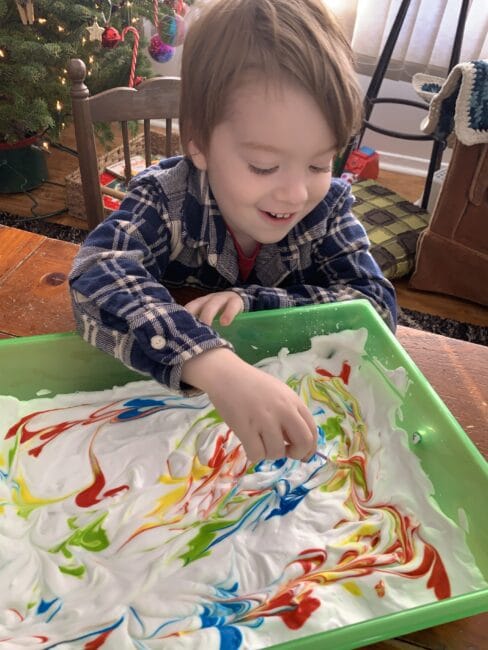 Fun and simple twist on connect the dots pre-writing activity for toddlers and preschoolers with shaving cream sensory and teaching colors.