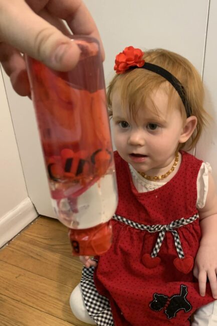 red lava lamp sensory bottle for Valentine's day