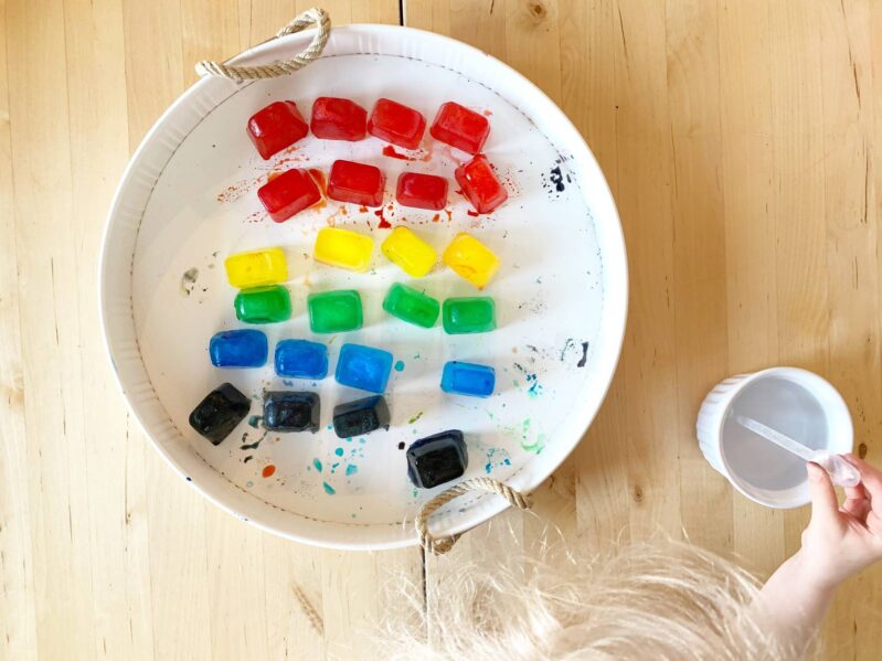 This rainbow ice sensory play is easy, low prep, and can keep your toddlers and preschoolers busy for quite some time while learning colors.