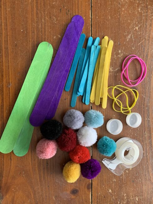 Supplies needed to make your own pom pom catapult in minutes.