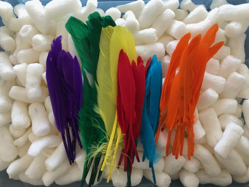 What craft can you make with feathers and packing peanuts?
