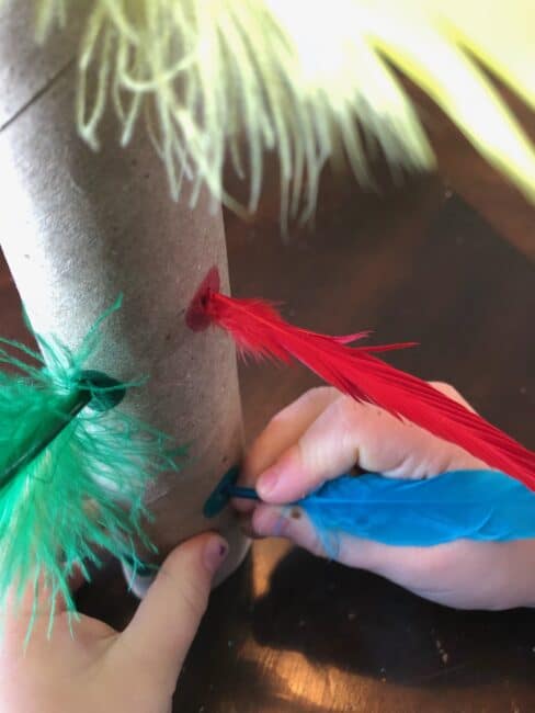 Feather poke fine motor color activity for toddlers and preschoolers.
