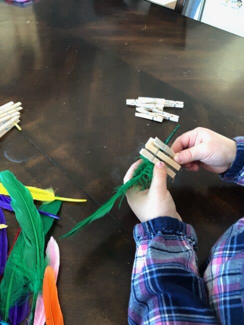 Feathers and clothespins are perfect for fine motor activity exploration.