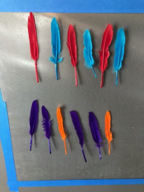 Pattern activity or just sensory play with feather and contact paper on the wall.