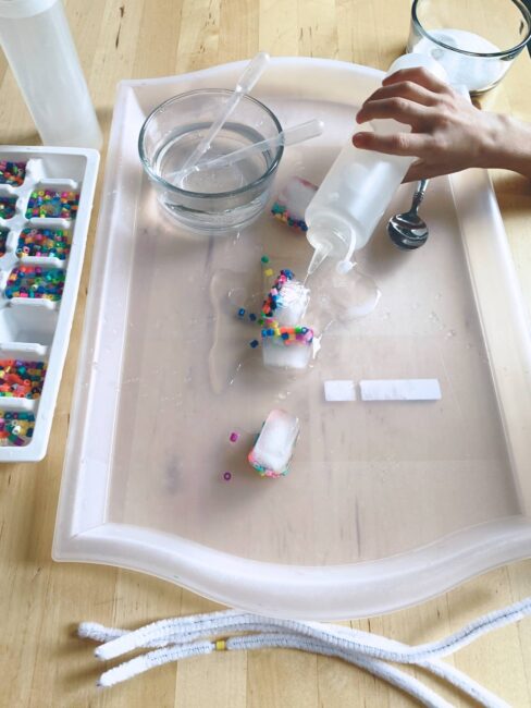 Take fine motor and sensory to a new level with this easy and fun stringing beads activity for preschool kids that uses ice!