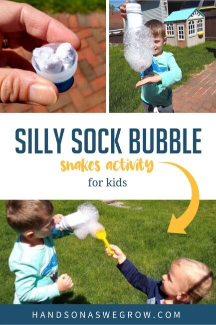 Have some silly sensory fun with this sock bubble snakes activity that simple for toddlers and preschoolers to explore outside together.
