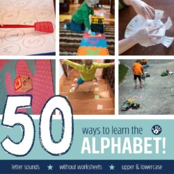 50 Alphabet activities for preschoolers to learn letter sounds, upper and lowercase letters and recognizing their letters -- all without worksheets.