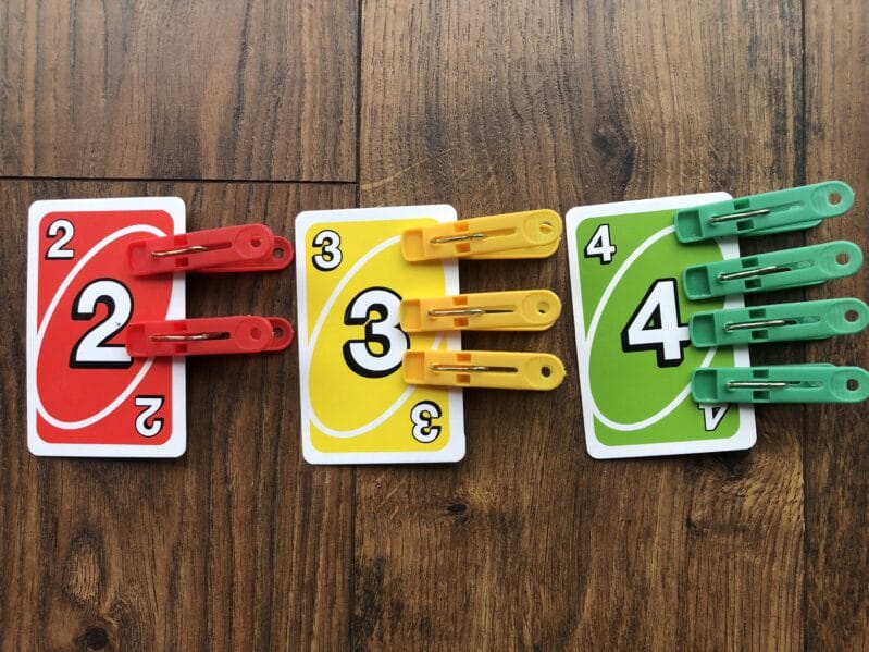 Counting and color recognition game to play with Uno Cards and clothespins