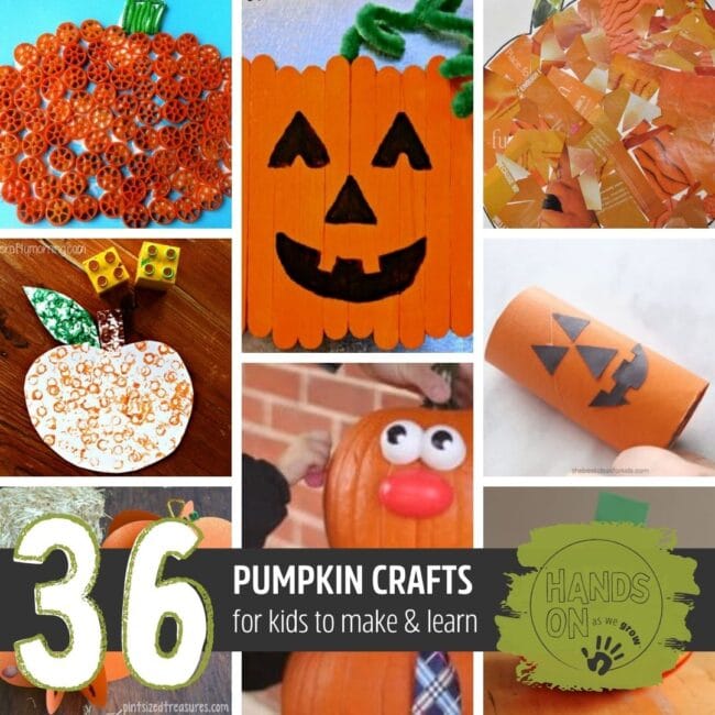 Pumpkin crafts for kids to create, including pumpkins with Jack-O'-Lantern faces! Plus crafty ways to get the kids learning with pumpkins!